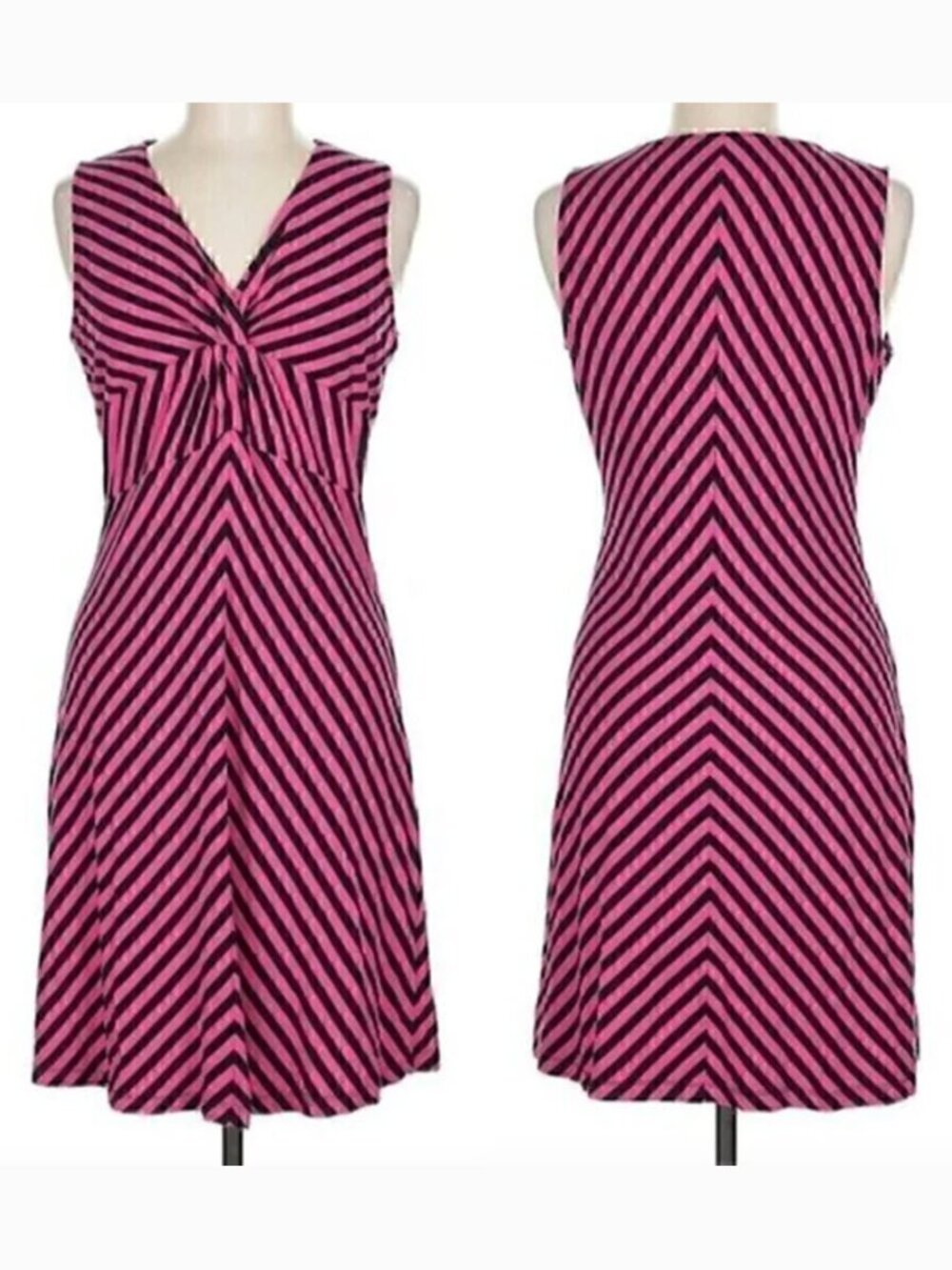 PETER NYGARD Pink Black Striped V-Neck Twist Front A-Line Dress PETITE Small PS